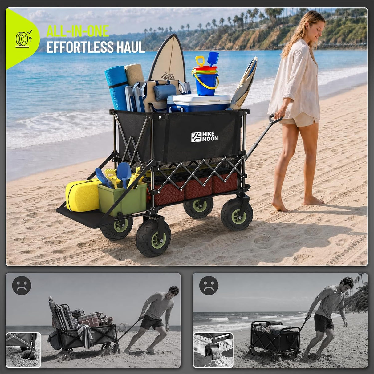 400L Large All-Terrain Collapsible Folding Cart with 10" Big Balloon Wheels for Sand