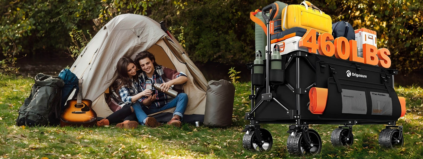A couple lay leisurely in their tent beside a black collapsible wagon packed with all sorts of gear