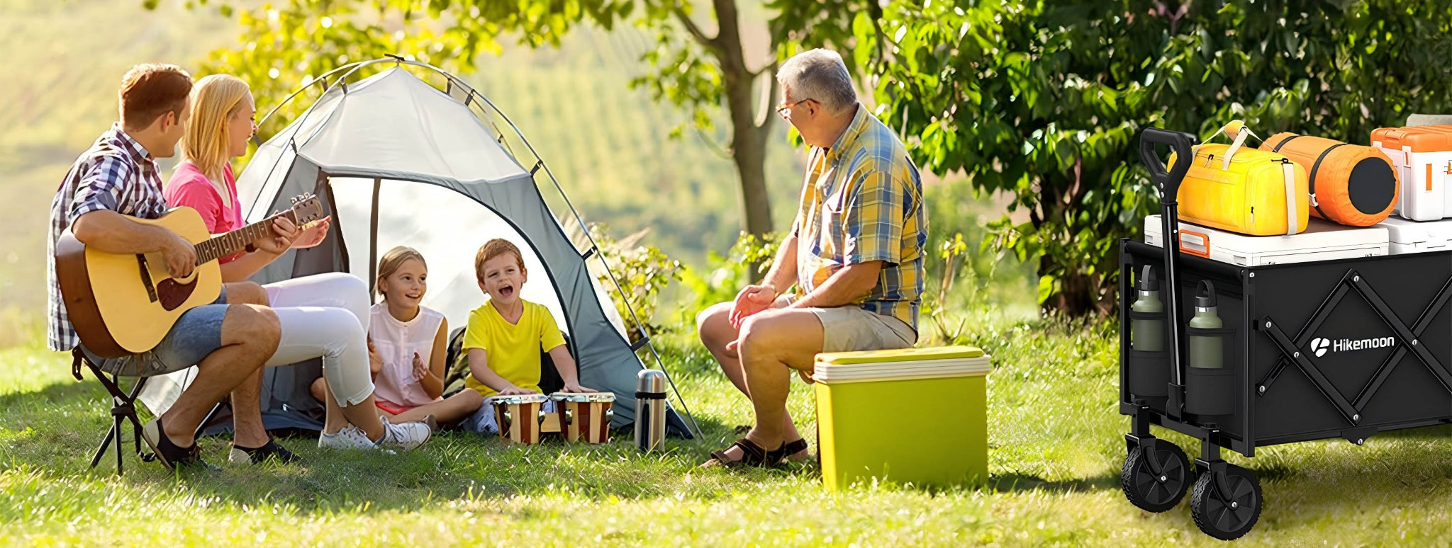 Family camping with collapsible wagon carrying tents and supplies for outdoor adventure