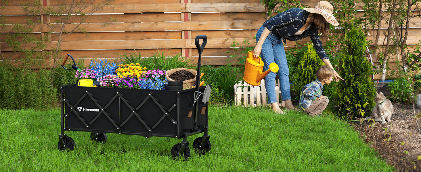 Hikemoon gardening collapsible wagon - heavy duty utility cart for yard work, plants and soil