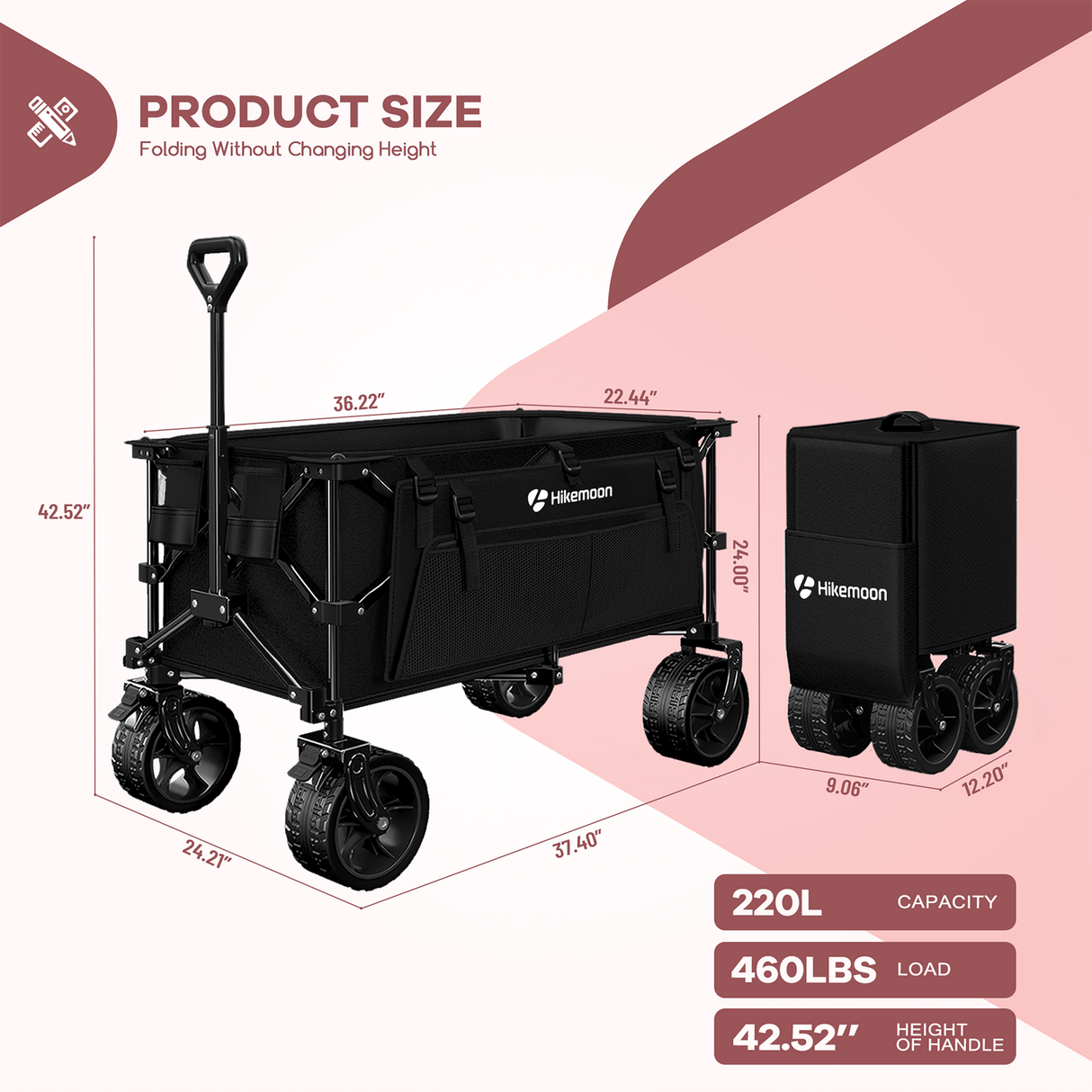 220L Utility Foldable Collapsible Wagon Cart with Big All-Terrain Wheels