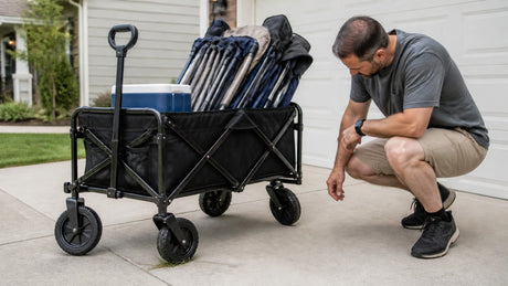 Owner inspecting a loaded folding wagon that has become difficult to pull