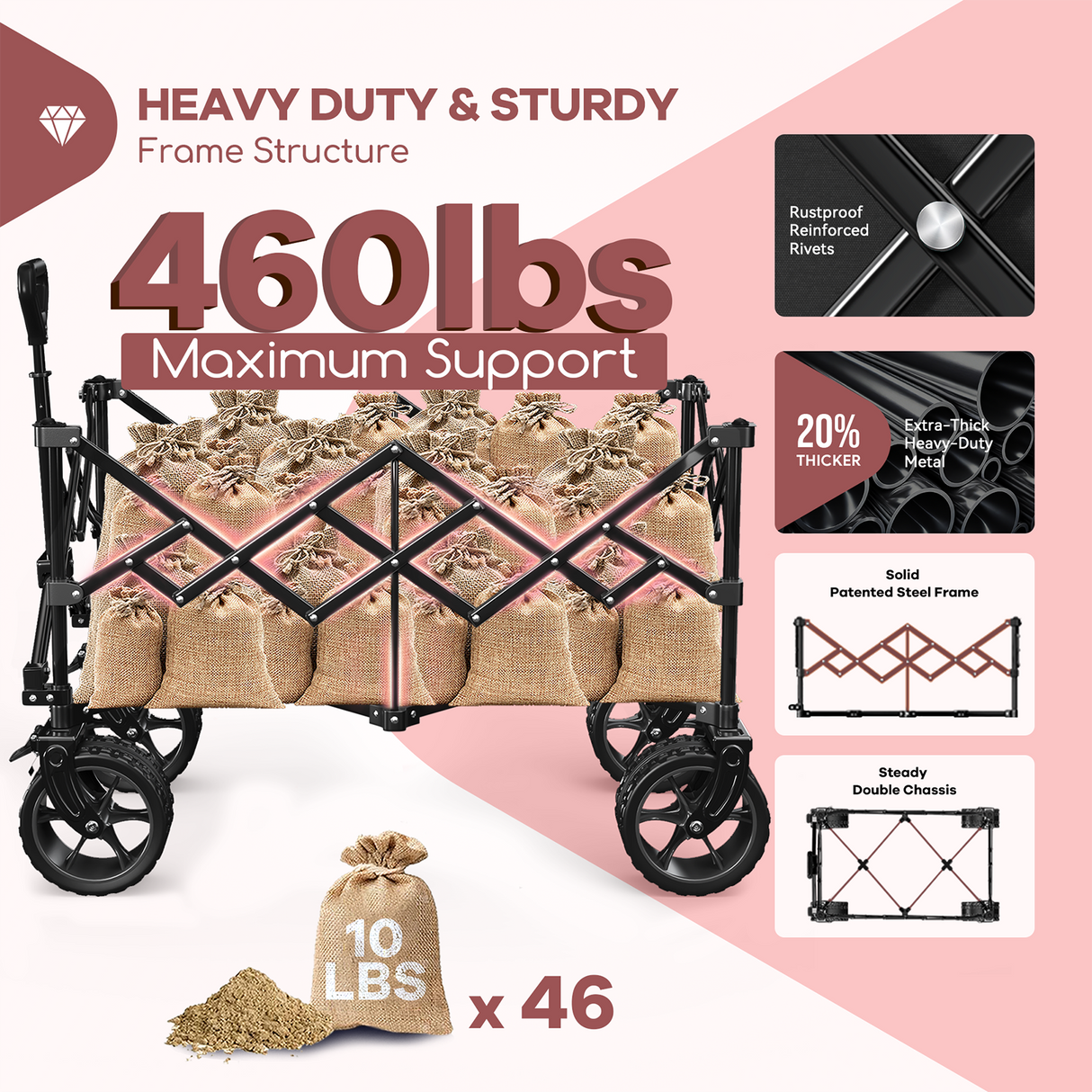 220L Utility Foldable Collapsible Wagon Cart with Big All-Terrain Wheels