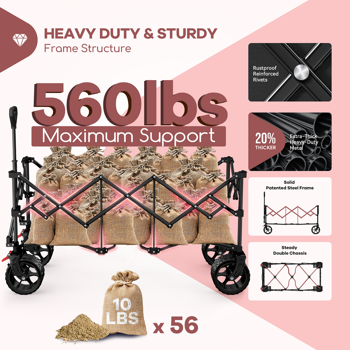 300L Heavy-Duty Folding Beach Collapsible Wagon Cart