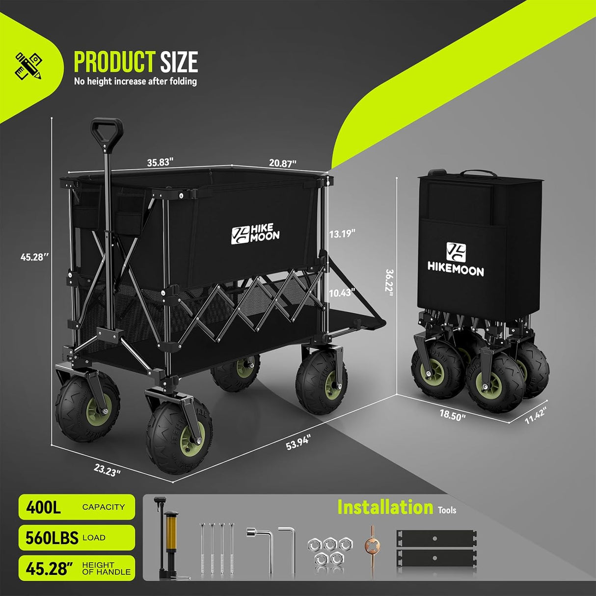 400L Large All-Terrain Collapsible Folding Cart with  10" Big Balloon Wheels for Sand