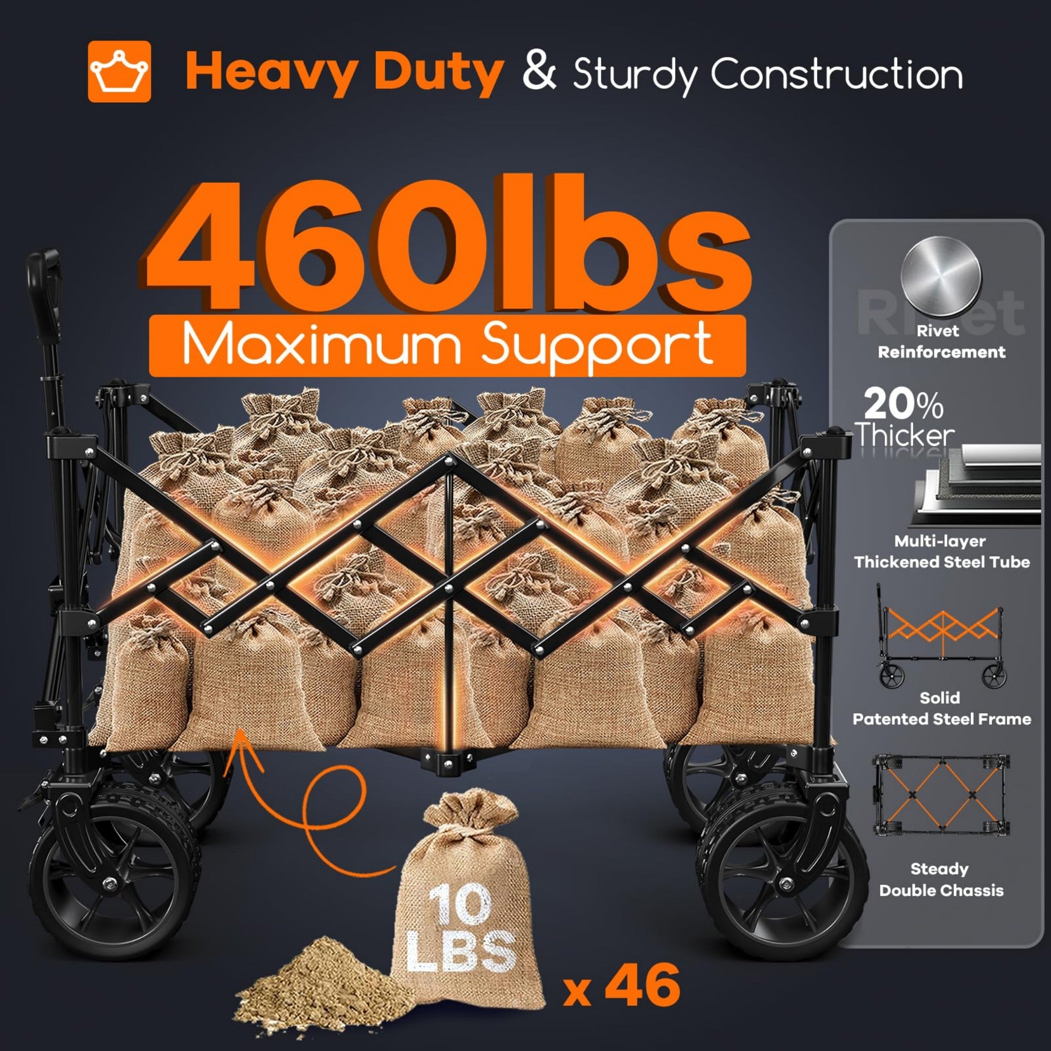 220L Utility Foldable Collapsible Wagon Cart with Big All-Terrain Wheels