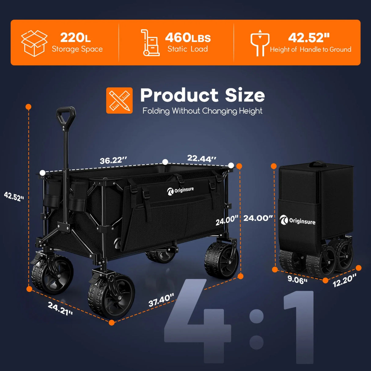 220L Utility Foldable Collapsible Wagon Cart with Big All-Terrain Wheels HIKEMOON