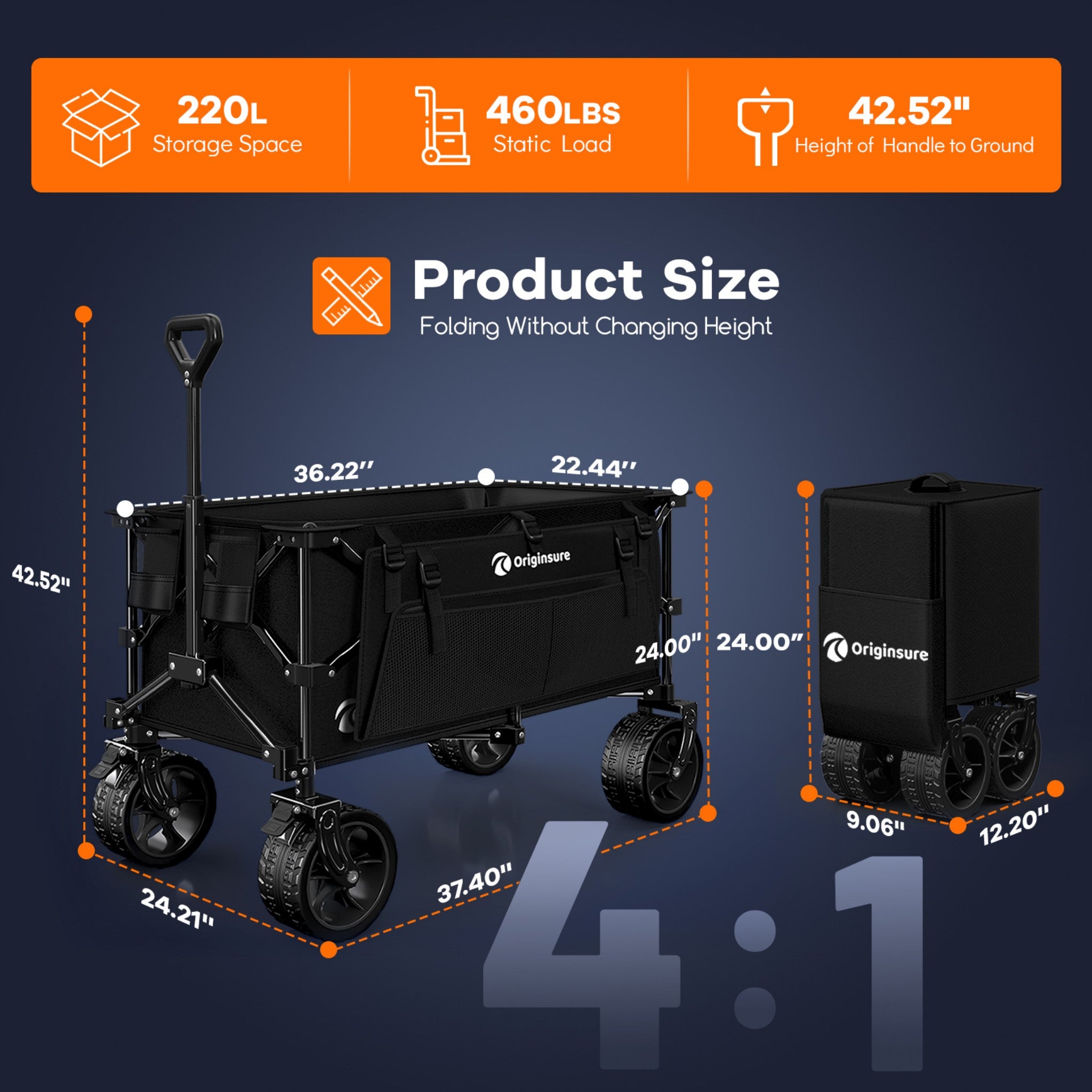 220L Utility Foldable Collapsible Wagon Cart with Big All-Terrain Wheels