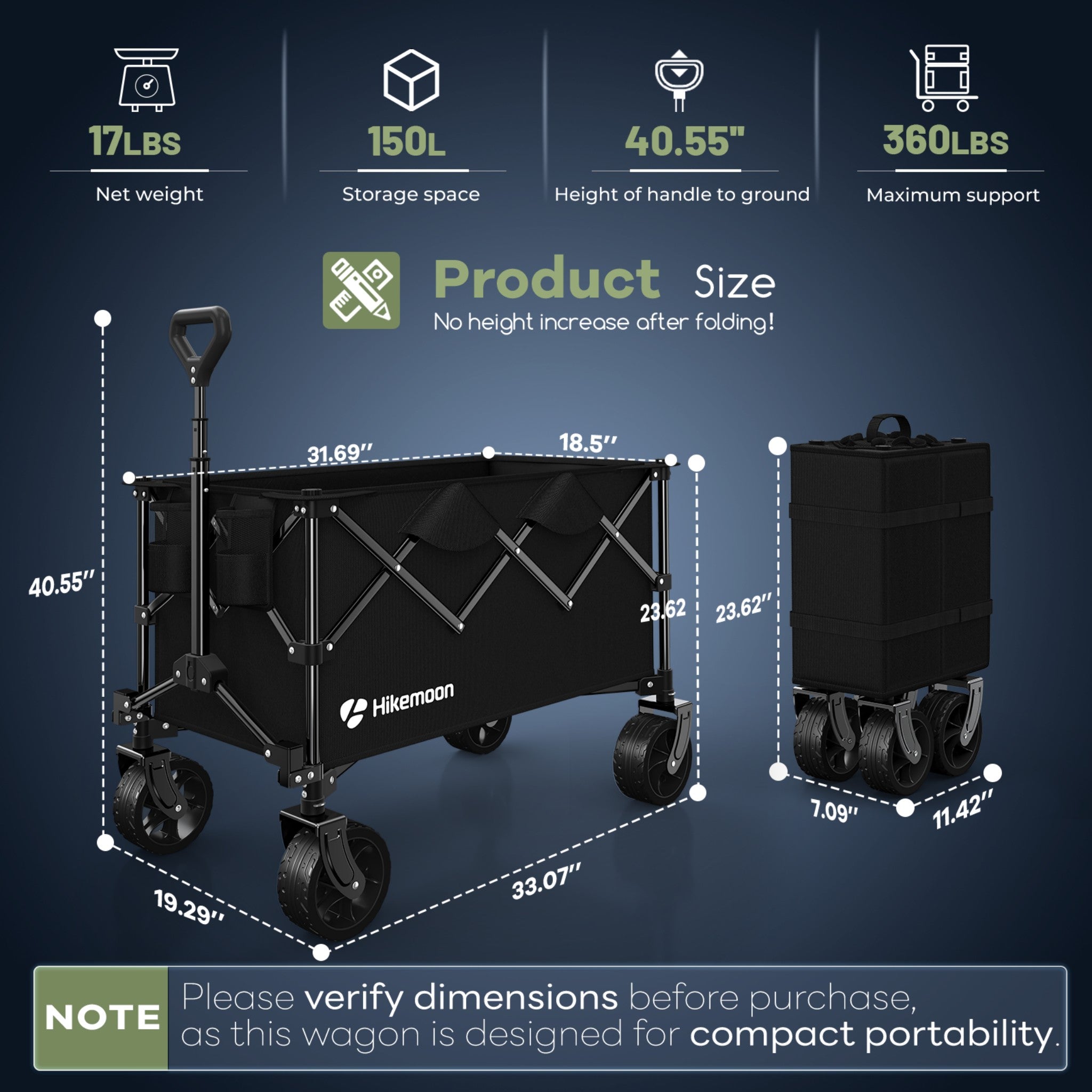 150L Black Utility Collapsible All-Terrain Wagon Cart