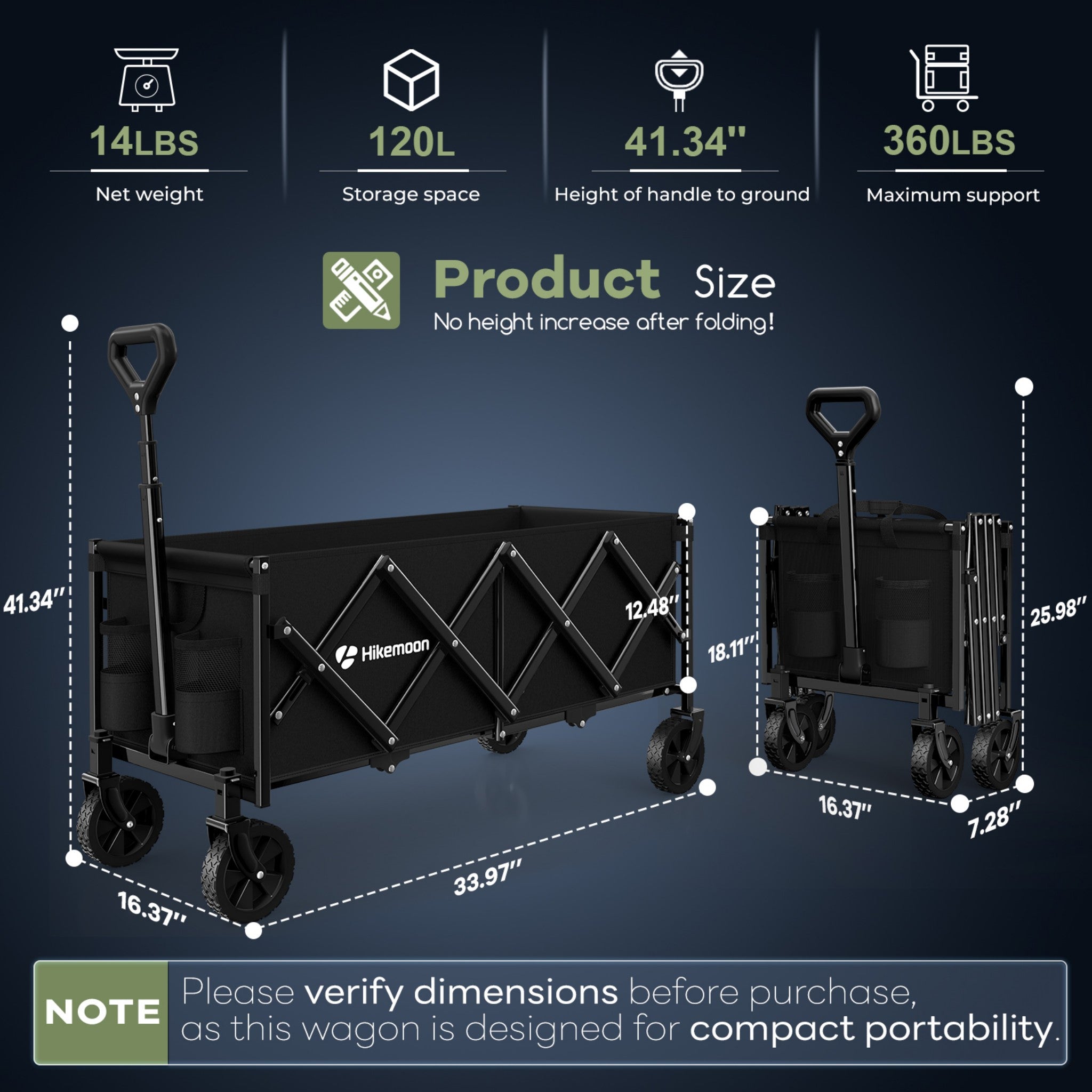 120L Collapsible Wagon Cart with Double Cup Holders